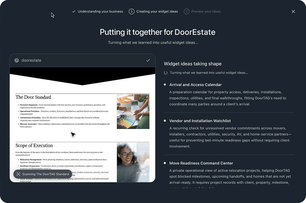 The onboarding flow scanning the DoorEstate website and turning it into widget ideas: an arrival and access calendar, a vendor and installation watchlist, and a move readiness command center.