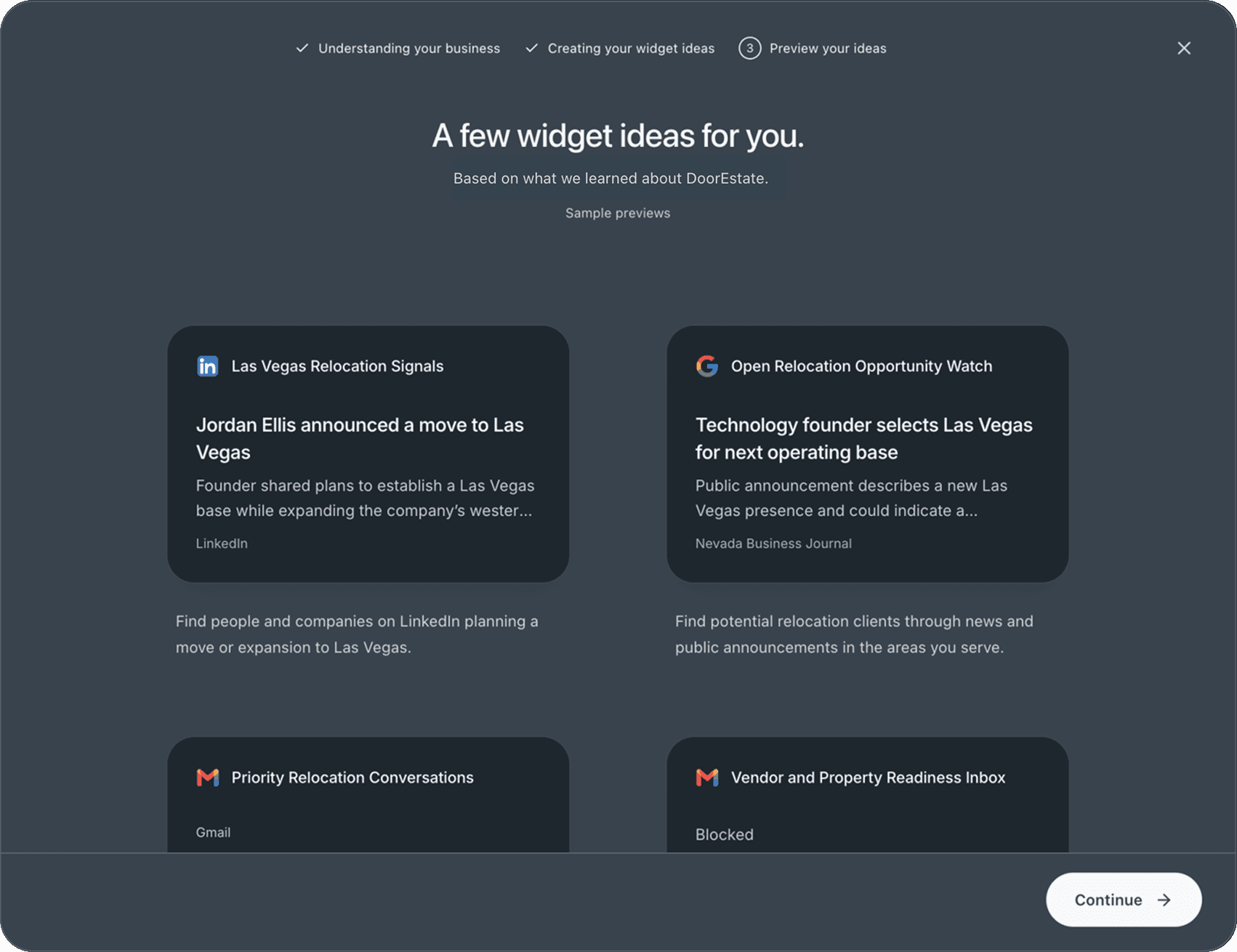 Widget ideas for DoorEstate with sample previews: Las Vegas relocation signals from LinkedIn, an open relocation opportunity watch from local news, and Gmail widgets for priority relocation conversations and vendor readiness.