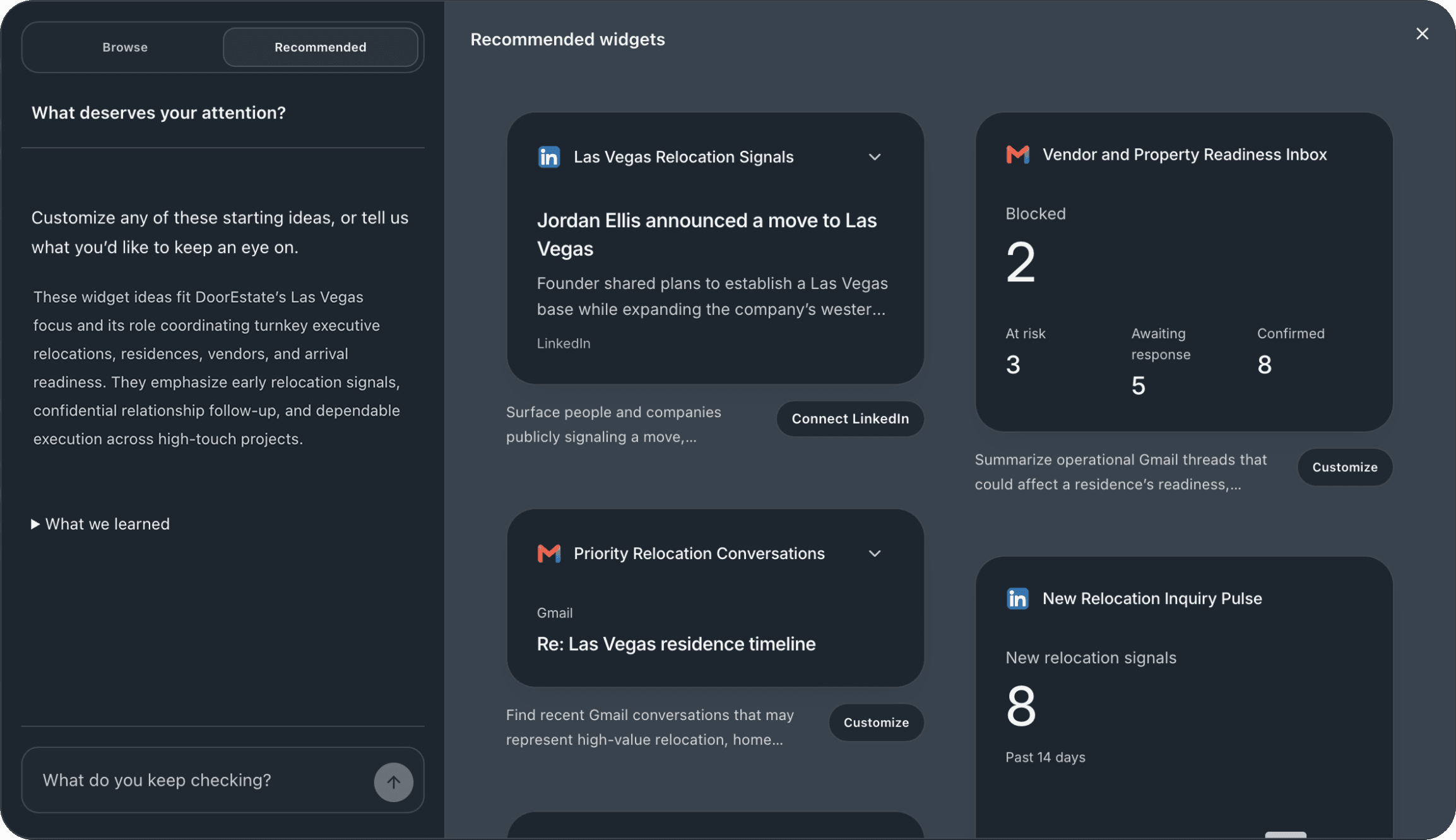 A recommendation panel asking what deserves your attention, with an open field and recommended widgets for DoorEstate's executive relocation work in Las Vegas.